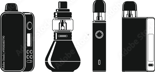 Electronic vape device icon set, modern vaporizer and e cigarette technology collection, smoking alternative gadget vector illustration design