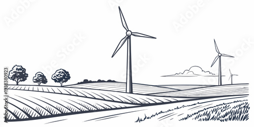 Wind turbines generating clean energy on a sunny day with green fields Vector