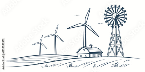 Wind turbines and a windmill in a field with a farmhouse in the background Vector