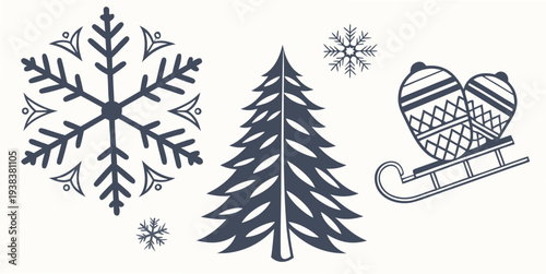A beautiful winter scene with snowflakes, pine trees, and a cozy cabin in the background Vector