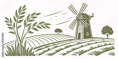 A picturesque windmill surrounded by lush greenery and a clear blue sky. Vector