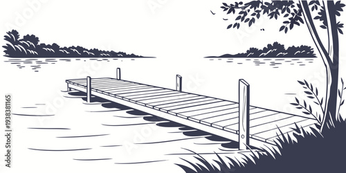 A tranquil scene of a man fishing by a serene lake with a boat nearby. Vector