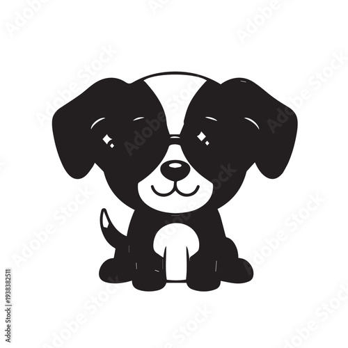 Adorable black and white puppy sitting with friendly expression.