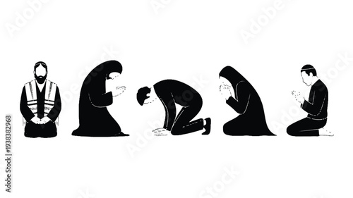 Muslim people in different prayer positions on white background