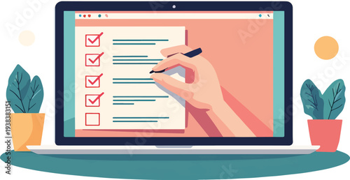 Finestra del browser dell'elenco di controllo. Segno di spunta. Segno di spunta bianco sullo schermo del laptop. Scelta, concetti di indagine. Elementi per banner web, siti web, vettoriale