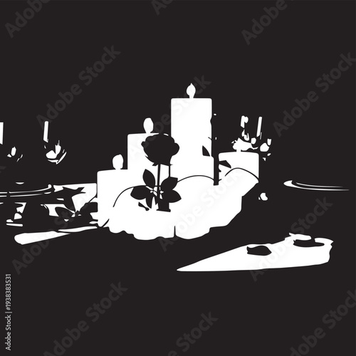 Monochrome table centerpiece with candles casting soft light over dinnerware and glassware silhouette.