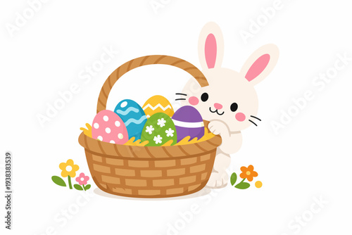 Cute bunny with easter eggs in basket surrounded by flowers