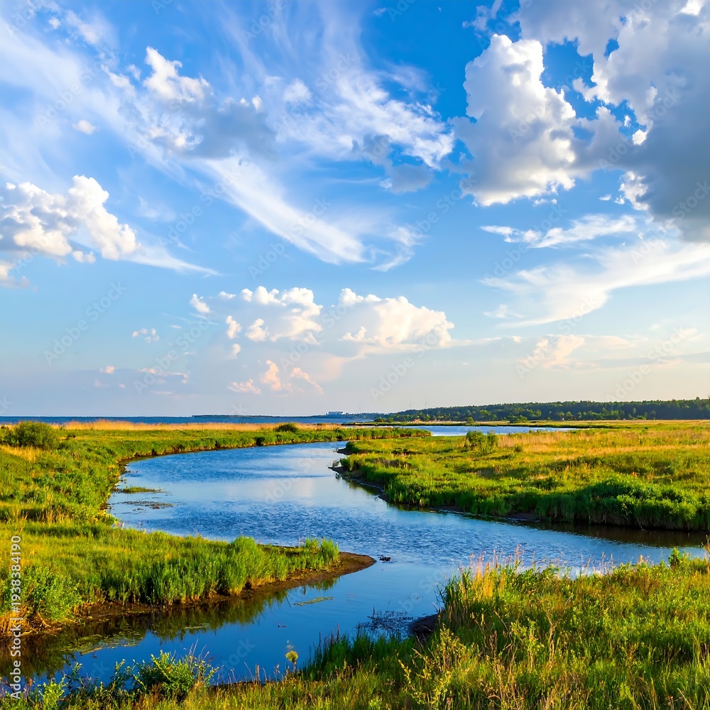 Fototapeta premium A scenic vista of a winding river flowing through vibrant green fields under a bright, partly cloudy blue sky