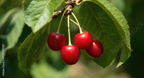 Bright red cherries ripening on a leafy branch in a sunny garden early summer harvest