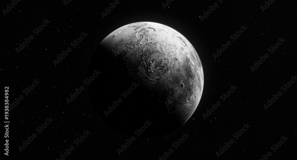 Fototapeta premium Damaged monochrome AI generated image of a textured celestial body in space