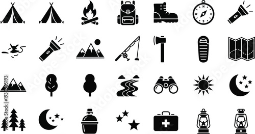 Collection of black and white camping icons and symbols on a white background