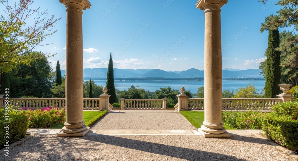 Fototapeta premium Copy space image of classical villa entrance overlooking lake and distant mountains on a bright summer day