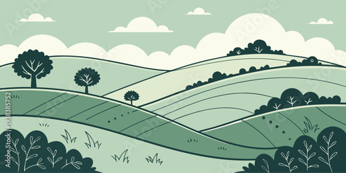 Minimalist stylized landscape of rolling green hills and countryside with trees and clouds