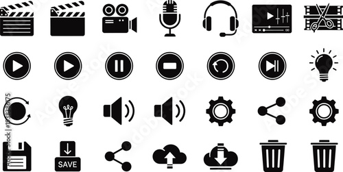 Collection of multimedia and video production icons in black and white