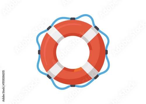 Orange lifebuoy illustration, blue rope ring, safety flotation device, rescue and emergency concept, isolated on white background