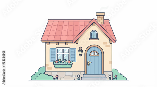 Cozy little house with red roof and blue door beige walls green shutters and bushes illustration