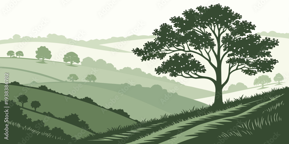 Ταπετσαρία A serene landscape with rolling hills and a solitary tree in the distance Vector