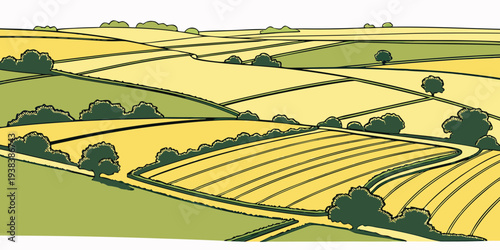 a picturesque landscape of a rural countryside with fields and trees Vector