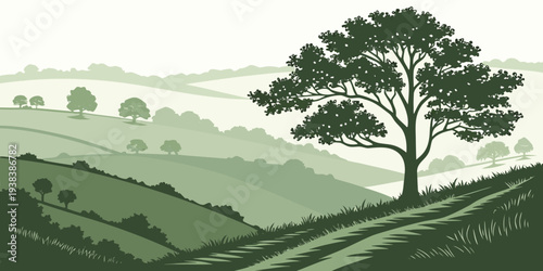 A serene landscape with rolling hills and a solitary tree in the distance Vector