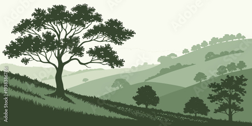 A serene landscape with rolling hills and a single tree in the foreground Vector