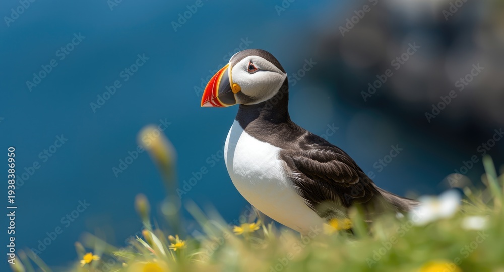 Fototapeta premium A cheerful puffin playing near its coastal nest on a bright summer day