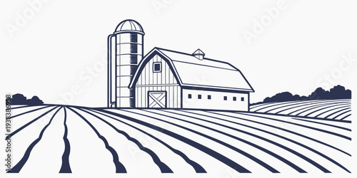 A serene countryside landscape featuring a traditional farmhouse and silo. Vector