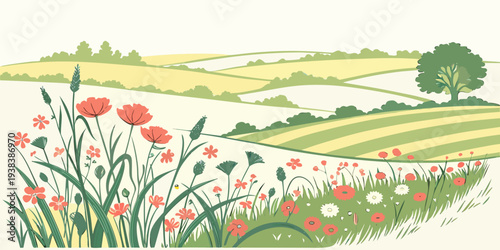 A vibrant meadow filled with wildflowers and a serene landscape in the background Vector