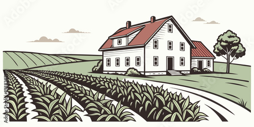 A picturesque countryside farmhouse surrounded by vast fields of crops Vector