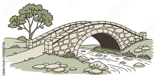 An old stone bridge crossing over a serene river in a lush green countryside Vector
