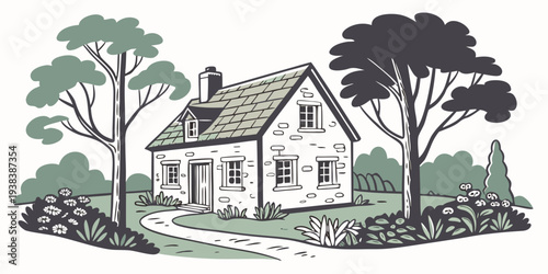 A charming countryside house surrounded by lush greenery and tall trees Vector