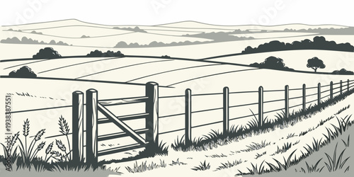 A serene landscape with a winding path leading to a distant horizon under a clear sky. Vector