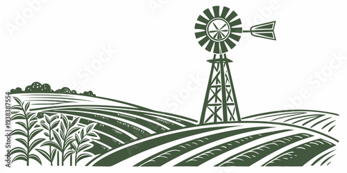 A vintage windmill stands tall in the middle of a vast, green field under a clear blue sky. Vector