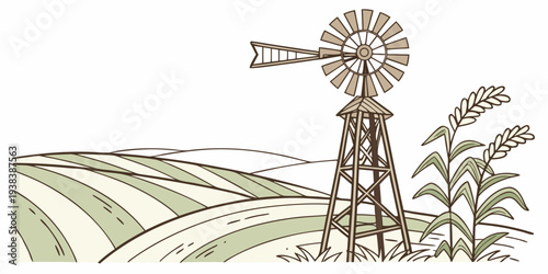 A whimsical illustration of a bird with a long beak standing on a grassy hillside. Vector