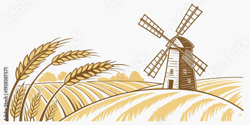 A picturesque windmill standing tall amidst a vast field of golden wheat. Vector