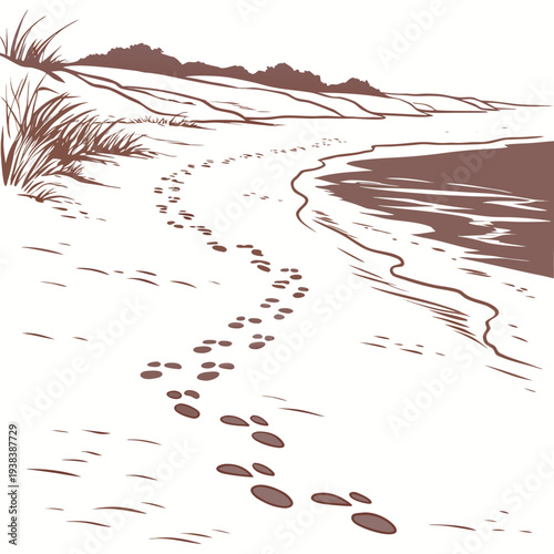 A serene beach scene with footprints leading towards the calm ocean waters Vector