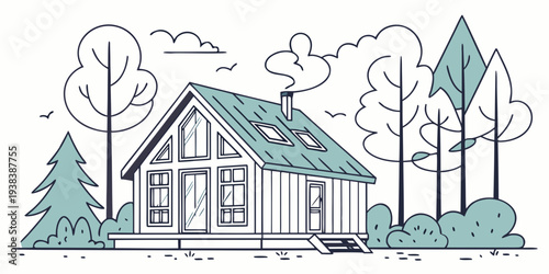 A charming house with a steep roof and a chimney surrounded by trees and snow Vector