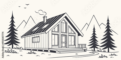 Two charming cabins nestled in a serene winter wonderland with snow-covered roofs and trees Vector