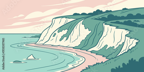 A serene coastal landscape with rolling hills and a clear blue sky. Vector