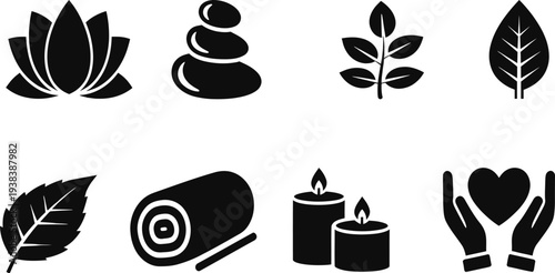 Spa and wellness icons featuring leaves candles and towels