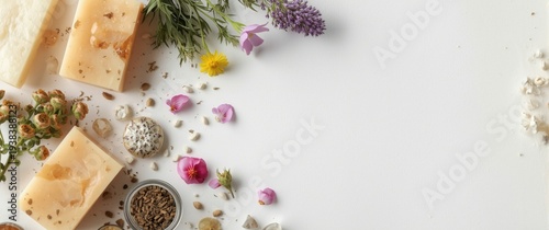 Artisan soaps and natural ingredients arranged with botanical herbs and flowers on white background with copy space