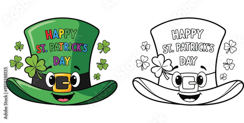 Smiling leprechaun hat Happy St Patricks Day with clovers, color and black and white coloring page vector