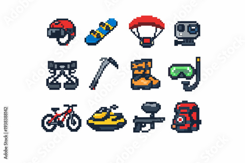 Pixel art adventure icons: outdoor gear for extreme sports enthusiasts