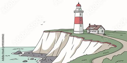 A majestic lighthouse stands tall on a rugged cliff overlooking the vast ocean. Vector