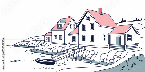 A picturesque coastal village with charming houses overlooking the serene ocean. Vector