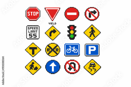 Pixel art traffic signs collection: stop, yield, speed limit, railroad, bicycle