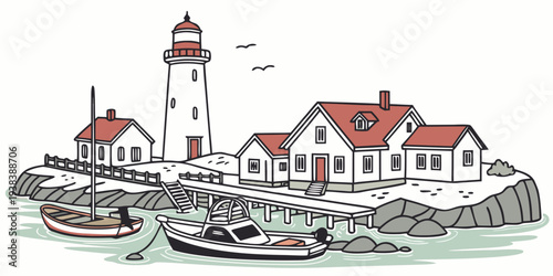 A picturesque lighthouse standing tall on a rocky cliff overlooking the ocean Vector