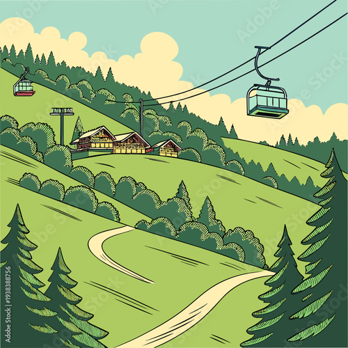 A scenic view of a ski resort with a chairlift and a skier on a snowy mountain Vector