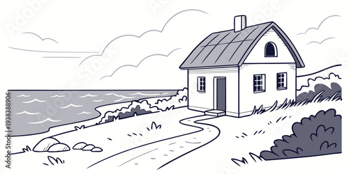 A charming coastal house with a dock overlooking a serene body of water Vector