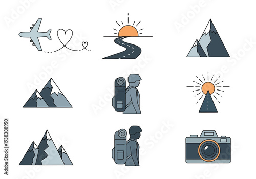 Collection of Flat Design Travel Icons Featuring Airplane Mountains Road Sun Sunrise Camper and Camera for Adventure and Journey Concepts