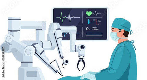 Surgeon in blue scrubs operating robot.